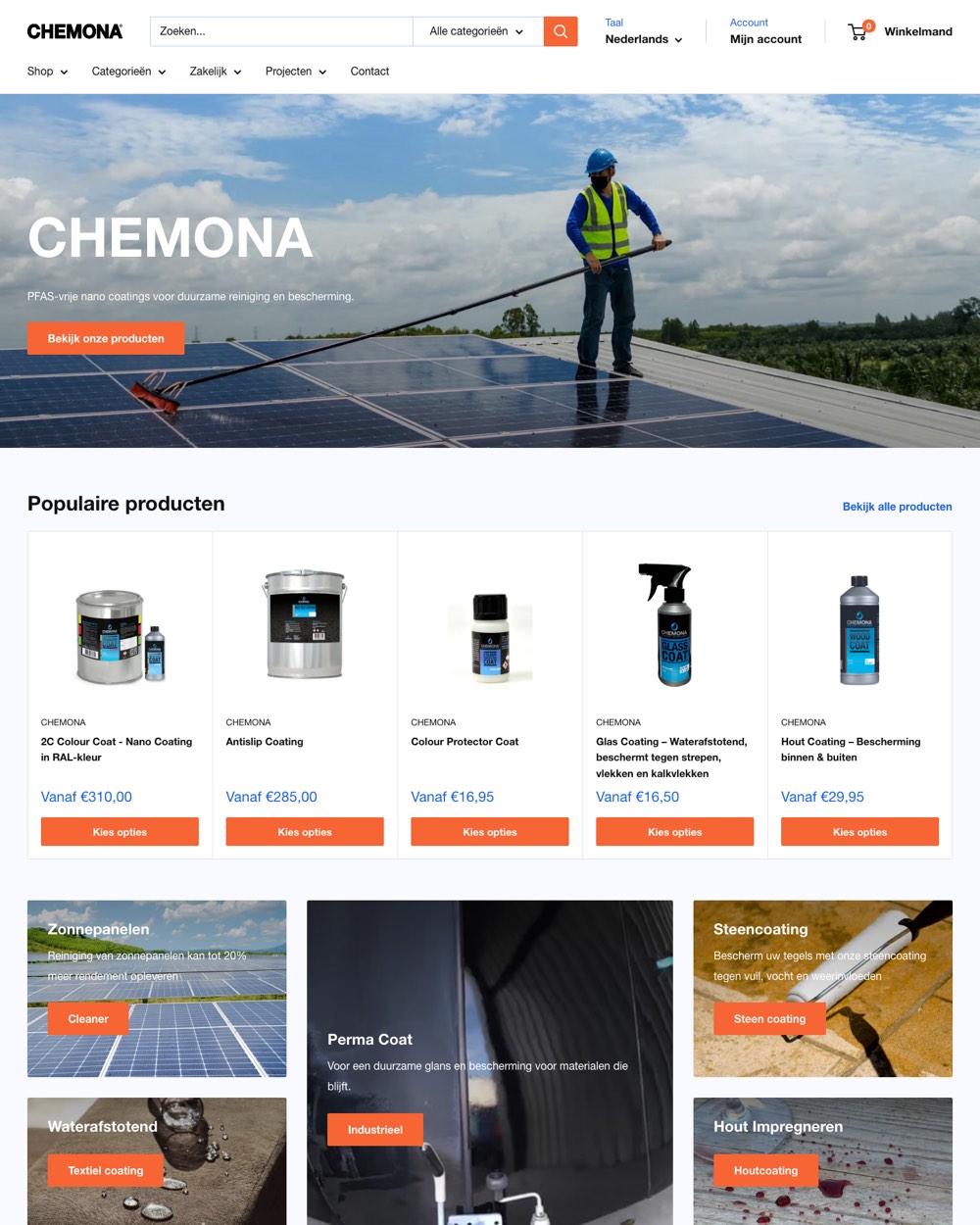 De homepage van Chemona met zoekbalk, categorieën en een coating-toepassing in beeld.