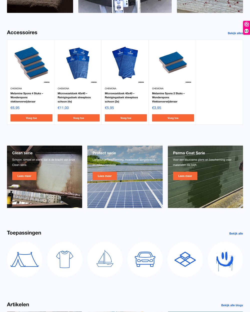 Productoverzicht en toepassingsblokken op de website van Chemona.