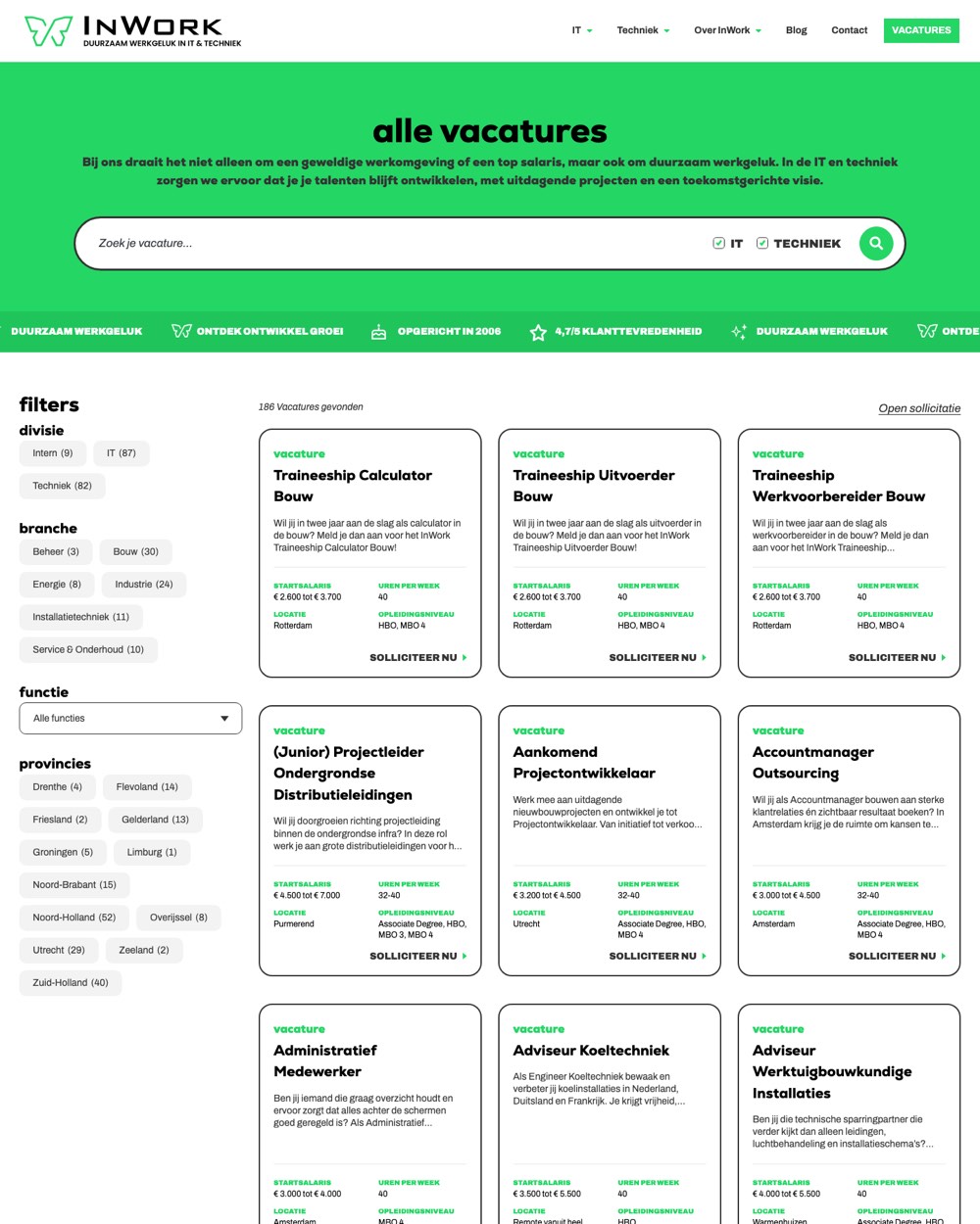 Vacatureoverzicht op de website van InWork met filters en vacaturekaarten.