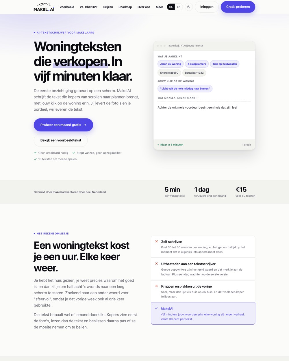 De homepage van MakelAI met de kop over woningteksten en een voorbeeld van het product.