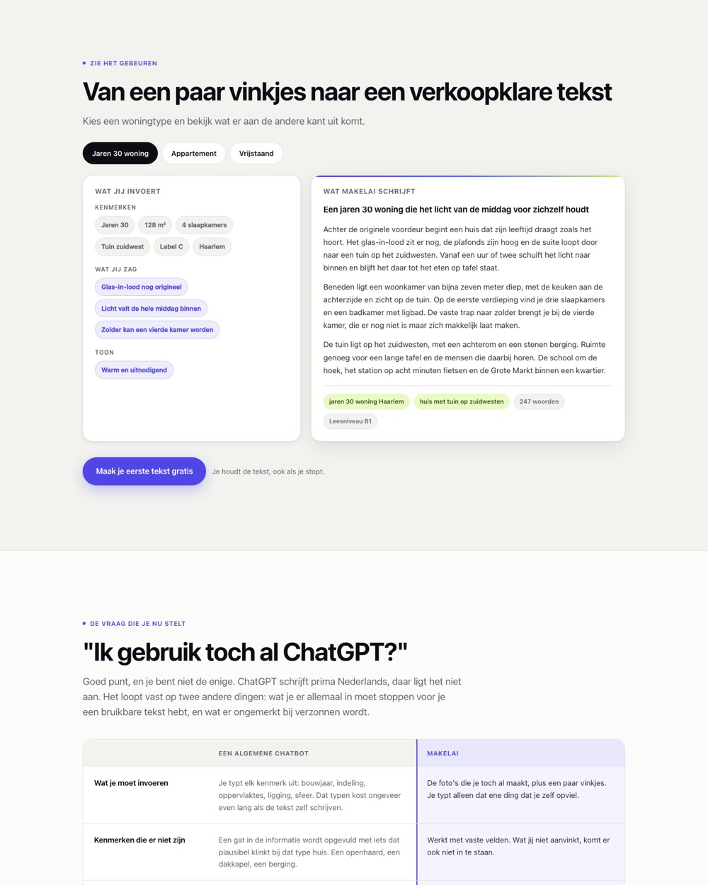 Vergelijking op de MakelAI-site tussen zelf schrijven, uitbesteden en MakelAI.